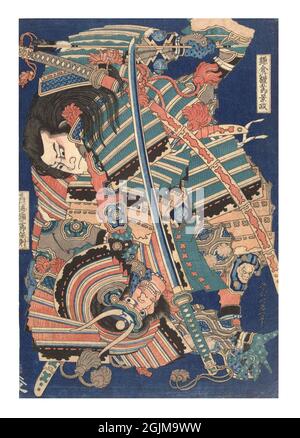 Fighting Heroes. Kagemasa, an heroic Minamoto warrior, throwing his opponent Tori no Umi Yasaburo Yasunori, with helmet, to the ground; against dark blue background.  Digitally optimised nineteenth century Japanese woodcut illustration. (1827-32) Stock Photo