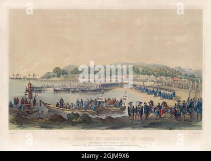 Mid Nineteenth Century lithographic print depicting the occasion of THE FIRST LANDING OF AMERICANS IN JAPAN Under Commodore MC Perry At Gorehama, 14 July 1853. By Eliphalet M. Brown, Jr., 1816 - 1886 Copied after Peter Bernard William Heine. Stock Photo