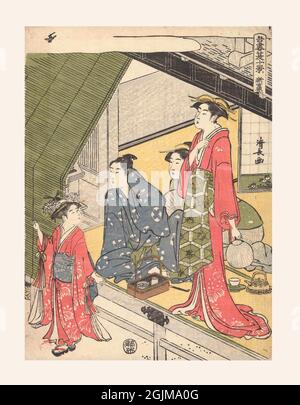 From 'Ten summer scenes in the Eastern capital' (Azuma Natsu Jukkei).  View of room in tea house; kamuro (courtesan's youngest assistant), standing outside the room, pointing up to cuckoo and looking back at standing courtesan with fan in left hand next to which, sitting, man in blue kimono with hand to ear and manager of the tea house. 1784 - 1788  Digitally optimised eighteenth century Japanese woodcut illustration. Stock Photo
