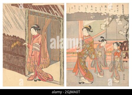 Unique optimised and enhanced arrangement of two eighteenth century Japanese woodcut illustrations.   Left: Girl with a yamabuki branch in hands standing in doorway. Right: Courtesan with two kamuro, one of whom has a doll in her hands, walking along the porch of a Yoshiwara house with a blossoming cherry tree. A poem in a cloud-shaped cartouche along the top of the print. (1765 - 1770) Stock Photo