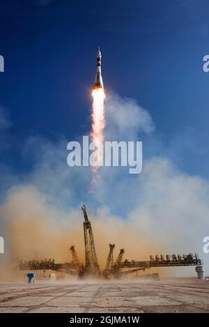 The Soyuz TMA-16 launches from the Baikonur Cosmodrome in Kazakhstan on 30 September 2009 en route to the International Space Station (ISS).   A unique, optimised and digitally enhanced version of a NASA image by senior NASA photographer Bill Ingalis / credit NASA Stock Photo