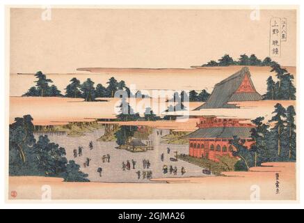 Curfews in Ueno / Eight faces on Edo  View of the Niomon temple, between fog banks; several visitors scattered throughout the temple complex.  Digitally optimised late eighteenth century Japanese woodcut illustration. Stock Photo