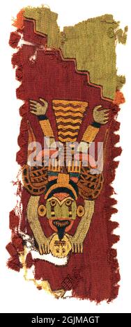 Precolumbian Peruvian textile fragment depicting winged figure with trophy head. Embroidery. Peru. Stock Photo