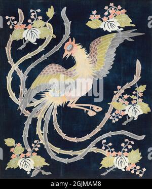 Early nineteenth century Japanese bedcover made from 5 panels. Indigo blue background.  Design depicts a large bird with widely-spread wings, long tail feathers, and foliage.  Hou-ou Bird and Paulownia Tree. JAPAN Stock Photo