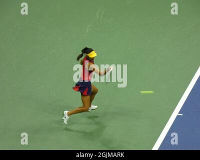 Queens, USA. 10th Sep, 2021. (SPO) Raducanu Trounces Sakkari to Reach the Women's Grand Slam Finals Competition at the 2021 USTA US Open Tennis Championships. Sept 9, 2021, Flushing, Queens, NY, USA: In a bitter and hostile face-off on the USTA Tennis Courts, an aggressive Emma Raducanu whacked Greece's Maria Sakkari out of competition 6-1, 6-4, thereby setting Raducanu up for what is bound to be an historic, upcoming 'Challenge of the Teens', now set for the Final Round of this year's US Open Women's Tennis Championship. (Credit Image: © Julia Mineeva/TheNEWS2 via ZUMA Press Wire) Credit: ZUM Stock Photo