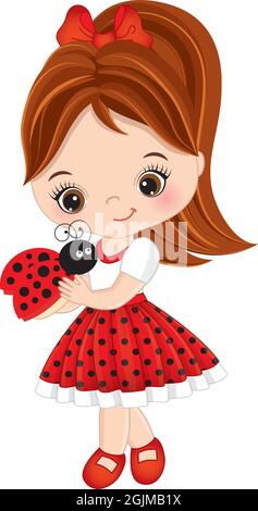 Cute Little Redheaded Girl Holding Ladybug. Vector Little Girl with Ladybird Stock Vector