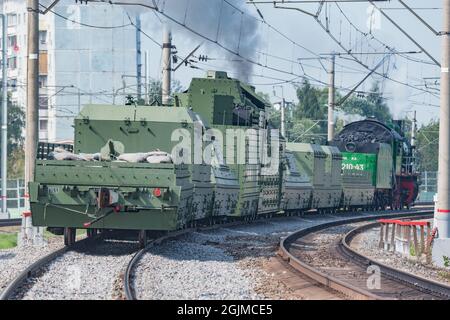 Moscow, Russia - August 27, 2021: Armoured retro steam train moves. Stock Photo