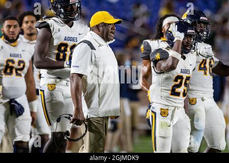 Durham, NC, USA. 10th Sep, 2021. North Carolina A&T Aggies head coach Sam Washington reacts after his team has to burn a timeout in the second quarter against the Duke Blue Devils in the NCAA Football matchup at Wallace Wade Stadium in Durham, NC. (Scott Kinser/Cal Sport Media). Credit: csm/Alamy Live News Stock Photo