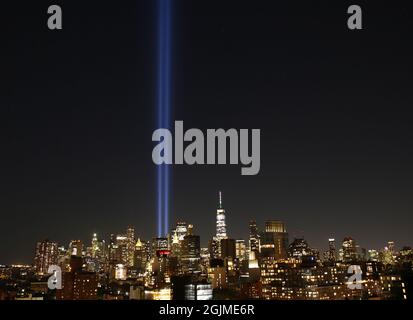 New York, USA. 10th Sep, 2021. The Tribute In Light is lit in Lower Manhattan near One World Trade Center on the eve of the 20th anniversary of the terrorist attacks on the World Trade Center at Ground Zero in New York City on Friday, September 10, 2021. Photo by John Angelillo/UPI Credit: UPI/Alamy Live News Stock Photo