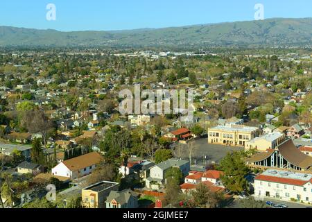 Aerial view of San Jose historic city center and residential area landscape in summer, from top of the City Hall, San Jose, California CA, USA. Stock Photo