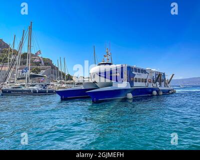 The new Speed Cat Passenger Catamaran arriving in Hydra island, Greece. The Speed Cat from Alpha Lines, Launched for the Saronic Islands on 10 April, Stock Photo