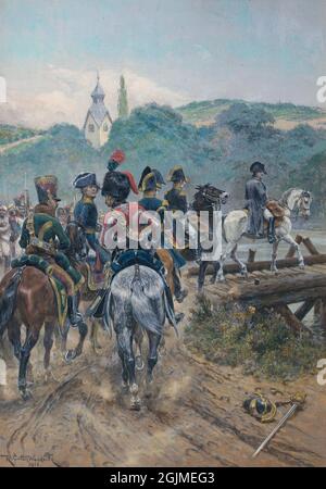 Napoleon Crossing the Danube by the bridge to Lobau Island before the Battle of Wagram. Painting by Richard Caton Woodville Stock Photo
