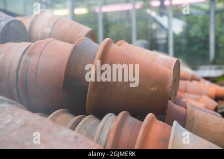 Empty ceramic clay terracotta flower pots for sale in retail store, growing houseplants in greenery Stock Photo