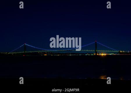 View on the Lower Manhattan with the Tribute in Light, from the Coney Island, Brooklyn on the eve of the 20th anniversary of the 9/11; Septemer 10, 20 Stock Photo