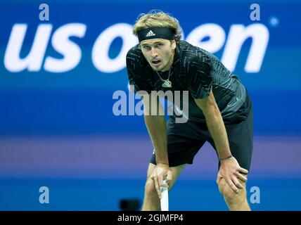 New York, USA, 10 September, 2021 Alexander Zverev (GER) reacts during his semifinal match against Novak Djokovic (SRB) on day 12 at the 2021 US Open Credit: Susan Mullane Credit: Susan Mullane/Alamy Live News