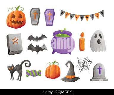 Set of halloween element decoration in watercolor style. Stock Vector