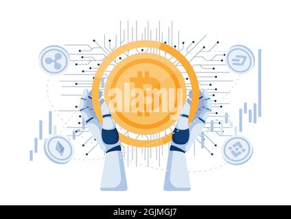 Robot Hand Holding Bitcoin and Other Cryptocurrency. Cryptocurrency Trading Bot and Digital Currency Investment Concept. Stock Vector