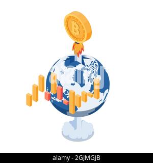 Flat 3d Isometric Bitcoin Rocket Fly Through The World. Bitcoin Price Growth Fast and Cryptocurrency Concept. Stock Vector