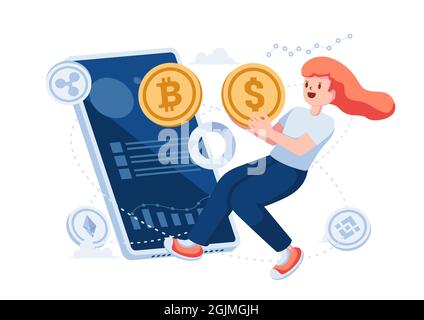 Woman Exchange Dollar Coin to Bitcoin Through Smartphone App. Cryptocurrency Exchange Trading Platform Concept. Stock Vector