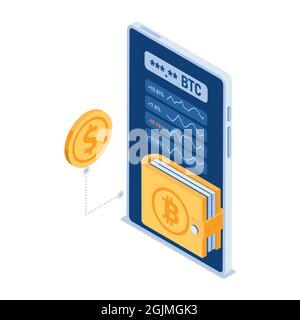 Flat 3d Isometric Cryptocurrency Digital Wallet Inside Smartphone. Digital Wallet for Trading Cryptocurrency and Block Chain Technology Concept. Stock Vector