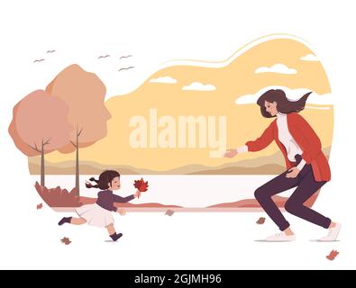 The joyful daughter brings her mother a bouquet of leaves. Family walk in the park with autumn landscape. A woman meets a girl on the street Stock Vector
