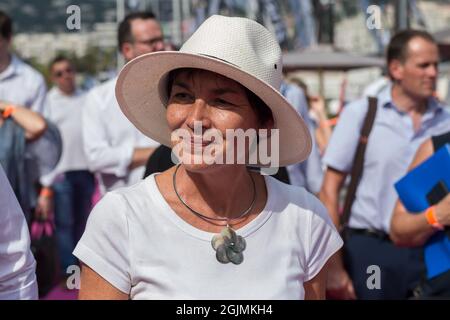 Annick Girardin is seen with a hat to protect herself from the sun during the festival.Annick Girardin (minister of the sea) inaugurated and visited the Cannes Yachting Festival. Canceled in 2020 because of the Coronavirus pandemic, it is the biggest 'boat show' in Europe. More than 560 new boats will be exhibited, of which nearly 150 will be world premieres. For the first time, a 'green' course is set up following the obligation voted by law to reserve 1% of the places in port for electric boats in French ports. (Photo by Laurent Coust/SOPA Images/Sipa USA) Stock Photo