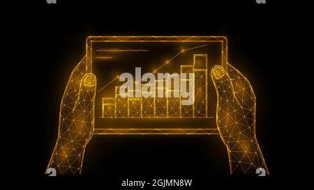 Hands hold a tablet with a graph of increase. Growth of investment, increase in sales. Analyzing of financial statistics. Polygonal vector illustratio Stock Vector