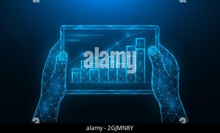 Hands hold a tablet with a graph of increase. Growth of investment, increase in sales. Analyzing of financial statistics. Polygonal vector illustratio Stock Vector