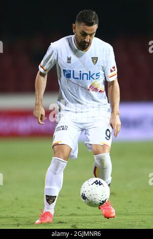 Lecce's Italian forward Massimo Coda controls the ball during the Serie B football match between Benevento and  Lecce at the Ciro Vigorito Stadium, Benevento, Italy, on 10 Settember  2021 Stock Photo