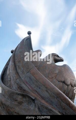 This is a statue of President Eisenhower overlooking the train station in Anchorage, AK, USA. Stock Photo