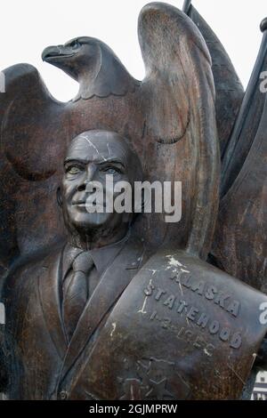 This is a statue of President Eisenhower overlooking the train station in Anchorage, AK, USA. Stock Photo