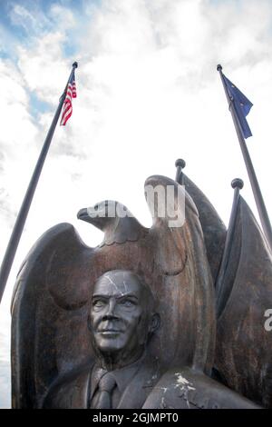 This is a statue of President Eisenhower overlooking the train station in Anchorage, AK, USA. Stock Photo