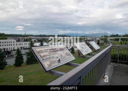 This is a statue of President Eisenhower overlooking the train station in Anchorage, AK, USA. Stock Photo