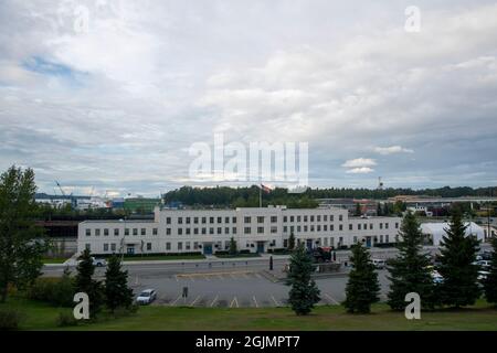 This memorial sits on an overlook above the train station in Anchorage, AK, USA. Stock Photo