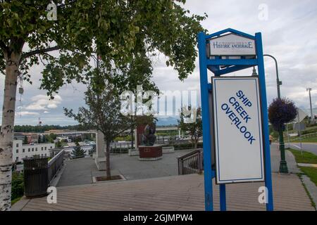 This memorial sits on an overlook above the train station in Anchorage, AK, USA. Stock Photo