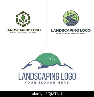 Landscaping mountain house garden logo design Stock Vector