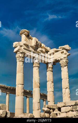 Pergamon, Acropolis-Turkey. The ruins of the temple of Traian temple. It was built during the Roman Emperor Traian period (98-161 AD). Stock Photo