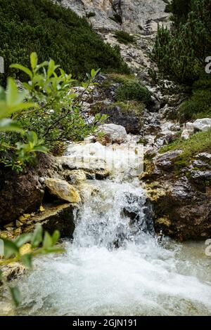 small waterfall of pure water on the dolomites mountains Stock Photo