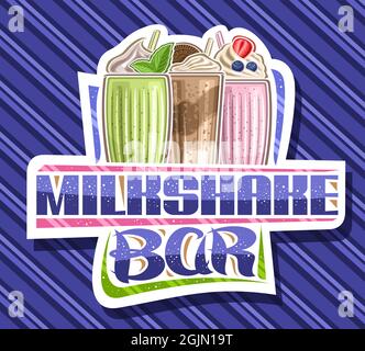 Vector logo for Milkshake Bar, decorative cut paper sign board with illustration of 3 different cold milkshakes with straw and garnish, poster with un Stock Vector