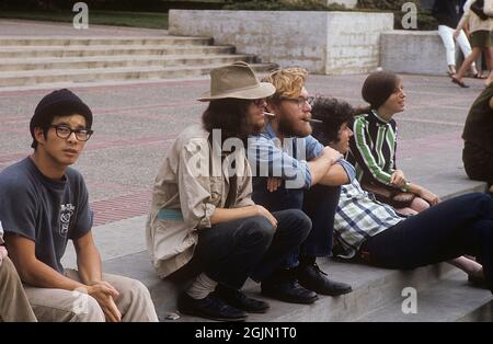 USA december 1968. Students at University of California Berkeley in typical 1968 clothes and looking as smoking pot. 6-1-19 Credit Roland Palm ref 6-1-12 Stock Photo