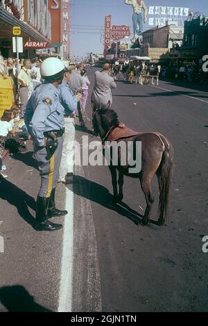 Las Vegas 1959. A parade is passing through downtown Las Vegas and Fremont street and people are standing on the sidewalks looking. In the foreground a policeman in uniform. In the background the classic sign of Pioneer club. Kodachrome slide original.   Credit Roland Palm ref 6-2-9 Stock Photo