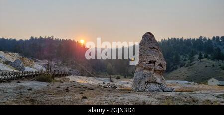 Mammoth Hot Springs travertine concretions at sunset - Yellowstone National Park Stock Photo