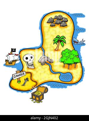 Art work illustration: pirate treasure map /treasure island, suit children's book, non-fiction, educational, game design. Inc skulls, ship, quicksand.