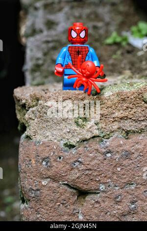 GREENVILLE, UNITED STATES - Aug 16, 2021: A closeup of the small Spiderman lego on the rock Stock Photo