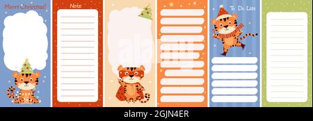 New Years Set of weekly or daily planner, note paper, to-do list, sticker templates Merry Christmas, decorated with cute winter tiger and christmas tr Stock Vector