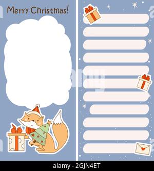 Collection of weekly or daily planner, note paper, to do list, stickers templates Merry Christmas decorated by cute fox and Christmas tree On blue bac Stock Vector