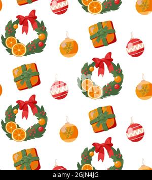Christmas background in cartoon style. Christmas tree wreath, gifts, decorations. Seamless pattern isolated on white background Vector. Stock Vector