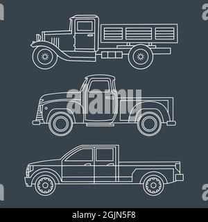 Set of vintage trucks. Linear drawing on a dark background. Vector clipart Stock Vector