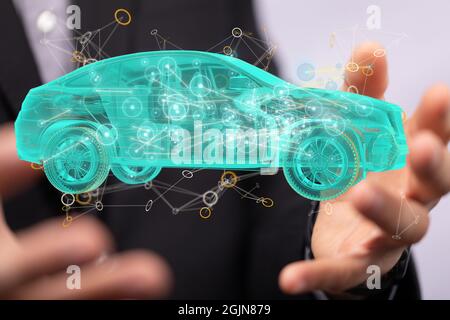 3d modeling of a cyan digital car scheme and dots between human hands Stock Photo