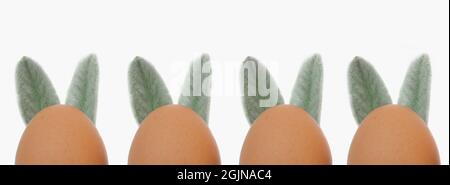 Easter eggs with ears close-up on a white background. Easter concept. Stock Photo
